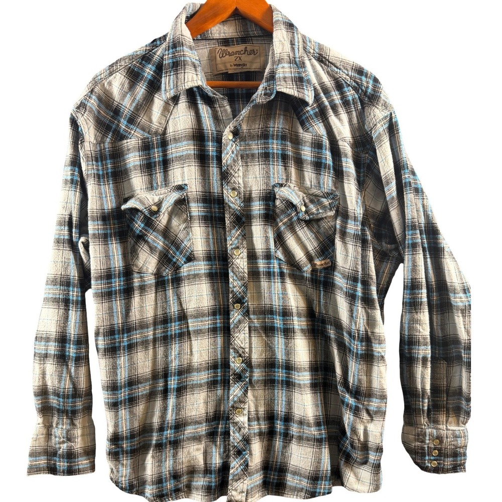 Wrangler Wrancher Womens 2X Blue Black Plaid Western Pearl Snap Flannel Shirt